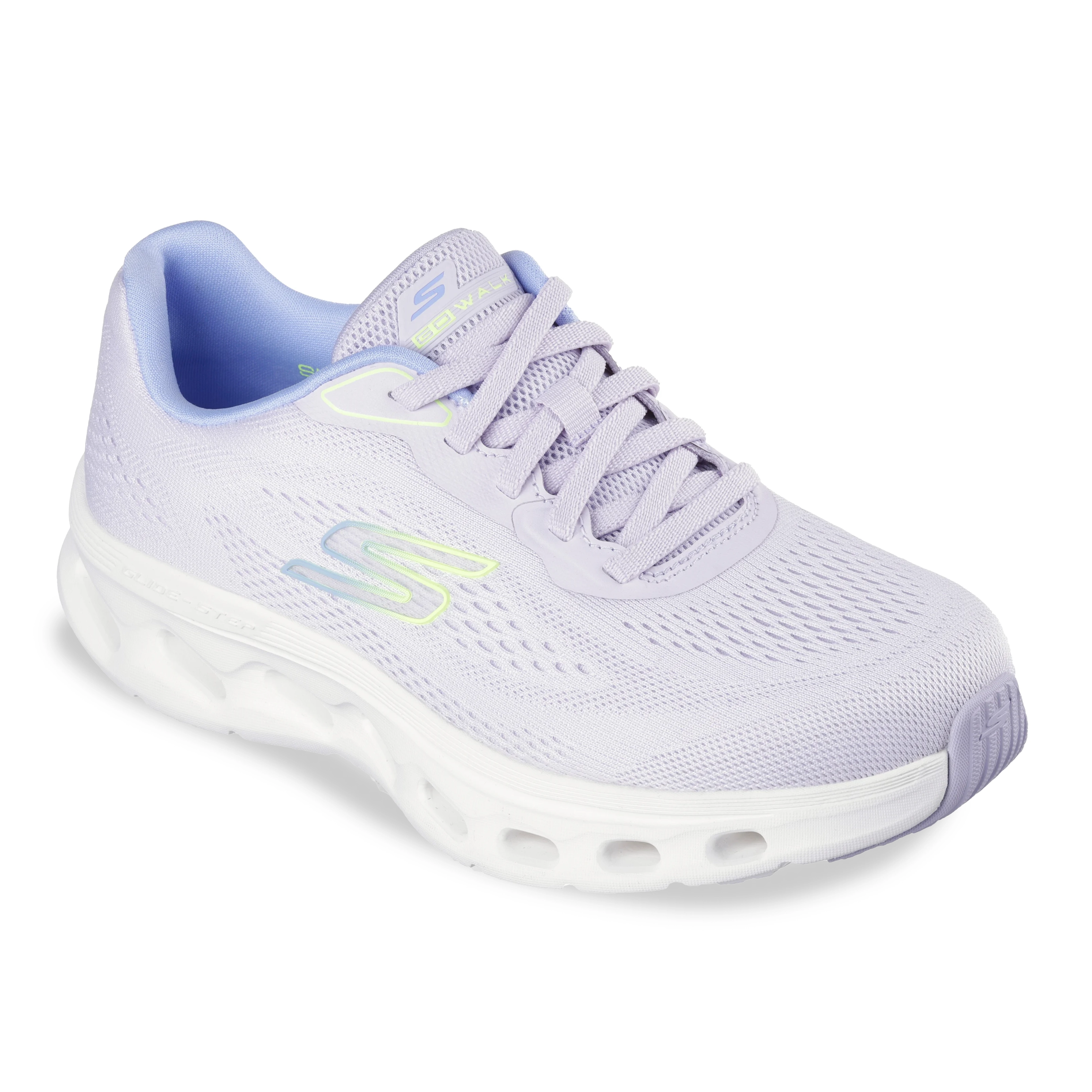 Tênis feminino lilás Skechers Glide Step 2.0 vista lateral mostrando malha respirável e sola flexível